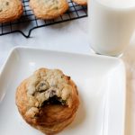 chocolate chip cookies on a plate with a glass of milk